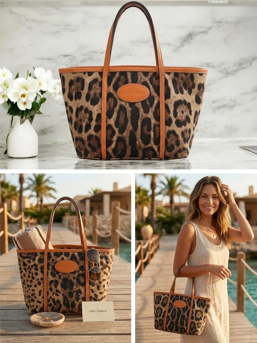 Dolce & Gabbana Leopard Print Canvas Leather‎ Trim Tote Italy